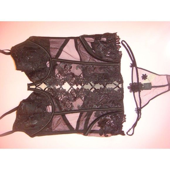 Victoria's Secret DESIGNER COLLECTION 34B,36C CORSET SET BLACK floral embroidery - Picture 8 of 15